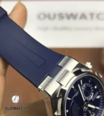 Composition pairing the blue strap with the stainless-steel case to illustrate color harmony and strap integration.