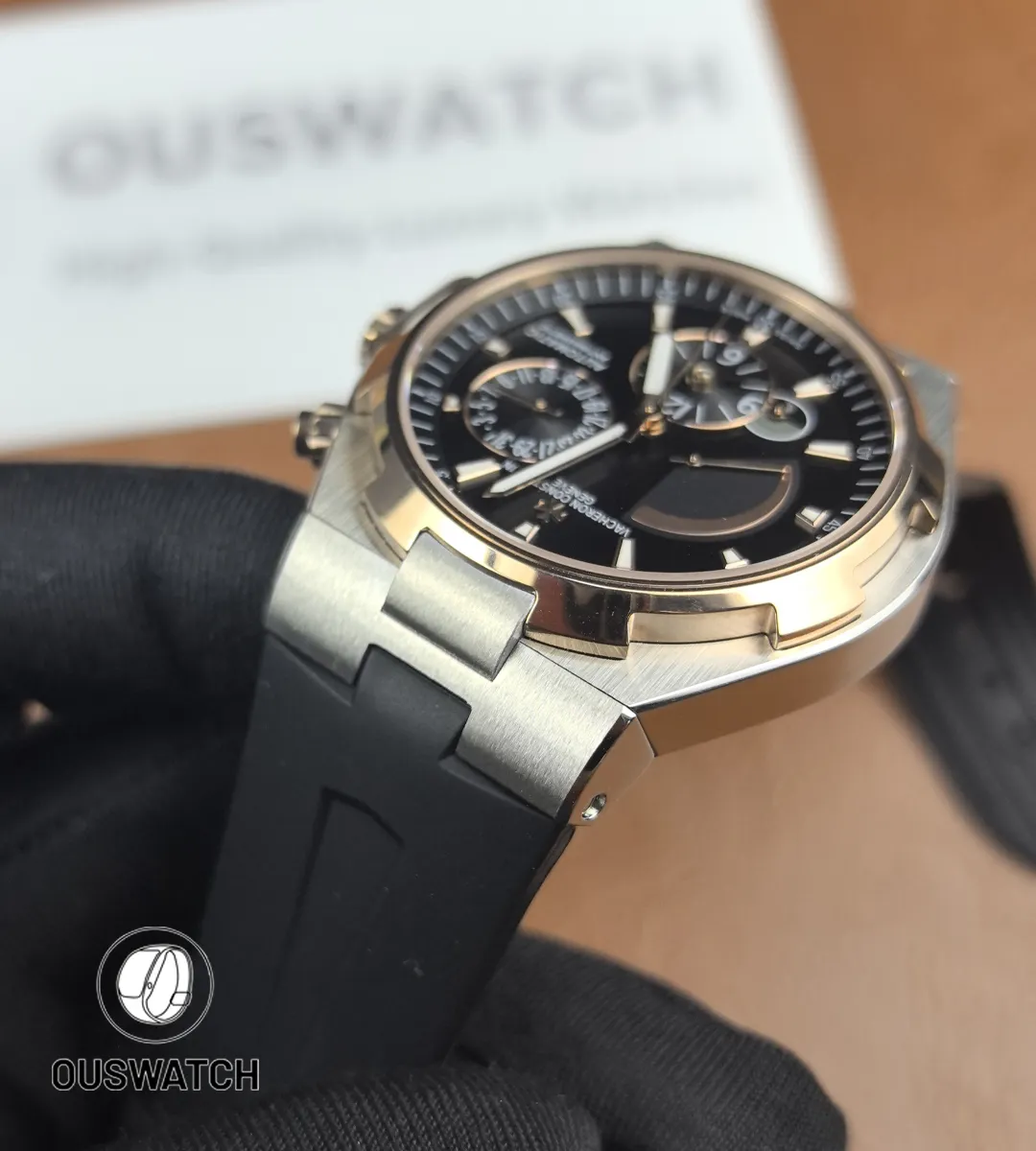 Three-quarter view of the 47450 showcasing the two-tone case and bracelet relationship, with emphasis on taper and polish contrast.