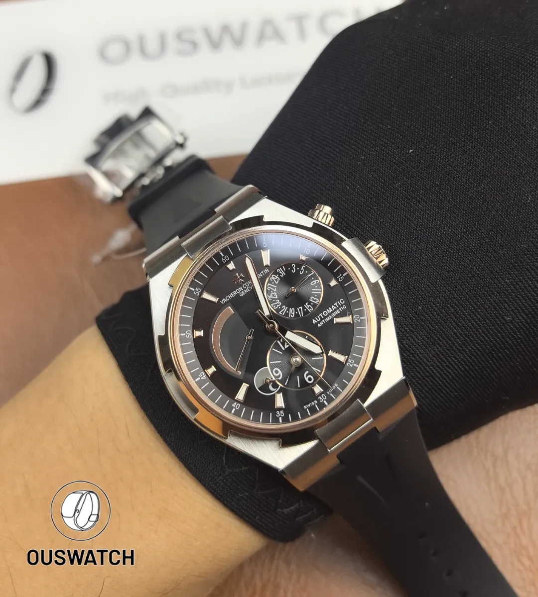 Wrist shot of the Vacheron Overseas Dual Time 47450/000M-9644, illustrating scale, wear comfort and two-tone styling.