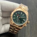 75° angled view highlighting dial depth, applied markers and the rose-gold bezel contrast.