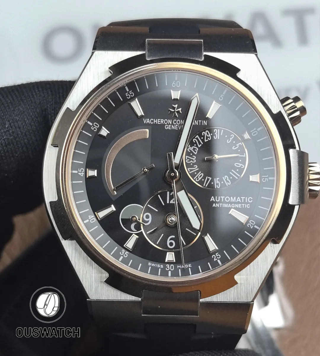 Front composition showing the Overseas case and dial, emphasizing rose-gold bezel accent and crisp hour markers.