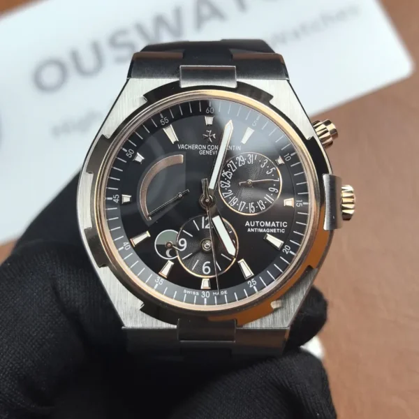 Vacheron Overseas Dual Time 47450/000M-9644 two-tone (rose gold & steel) — straight-on view highlighting the dual-time subdial and balanced layout.