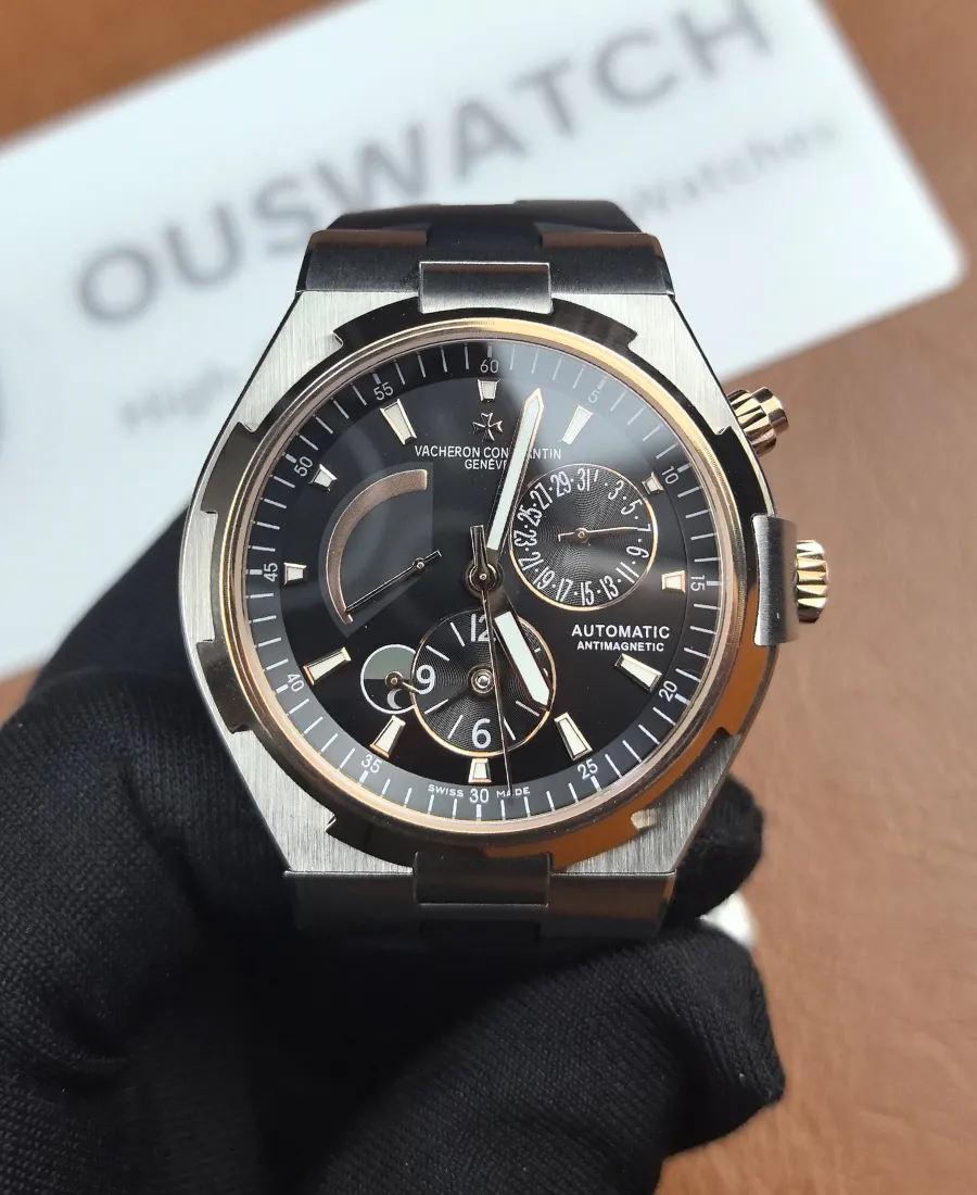 Vacheron Overseas Dual Time 47450/000M-9644 two-tone (rose gold & steel) — straight-on view highlighting the dual-time subdial and balanced layout.