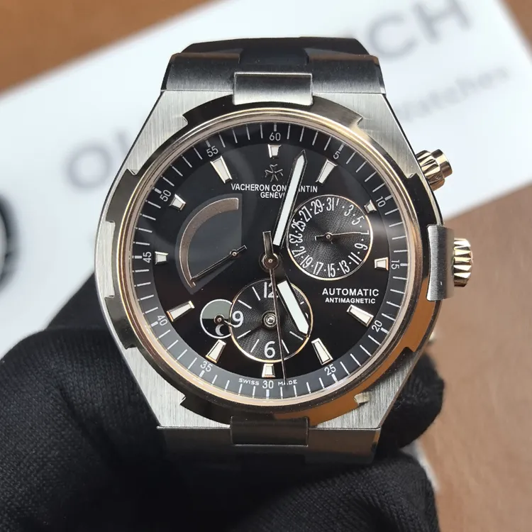 Vacheron Overseas Dual Time 47450/000M-9644 two-tone (rose gold & steel) — straight-on view highlighting the dual-time subdial and balanced layout.