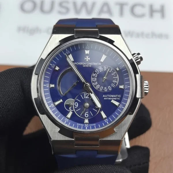 Vacheron Overseas Dual Time 47450/47450/000A-9039 super clone with rich marine-blue dial, studio portrait emphasizing the integrated case and dual-time hands.