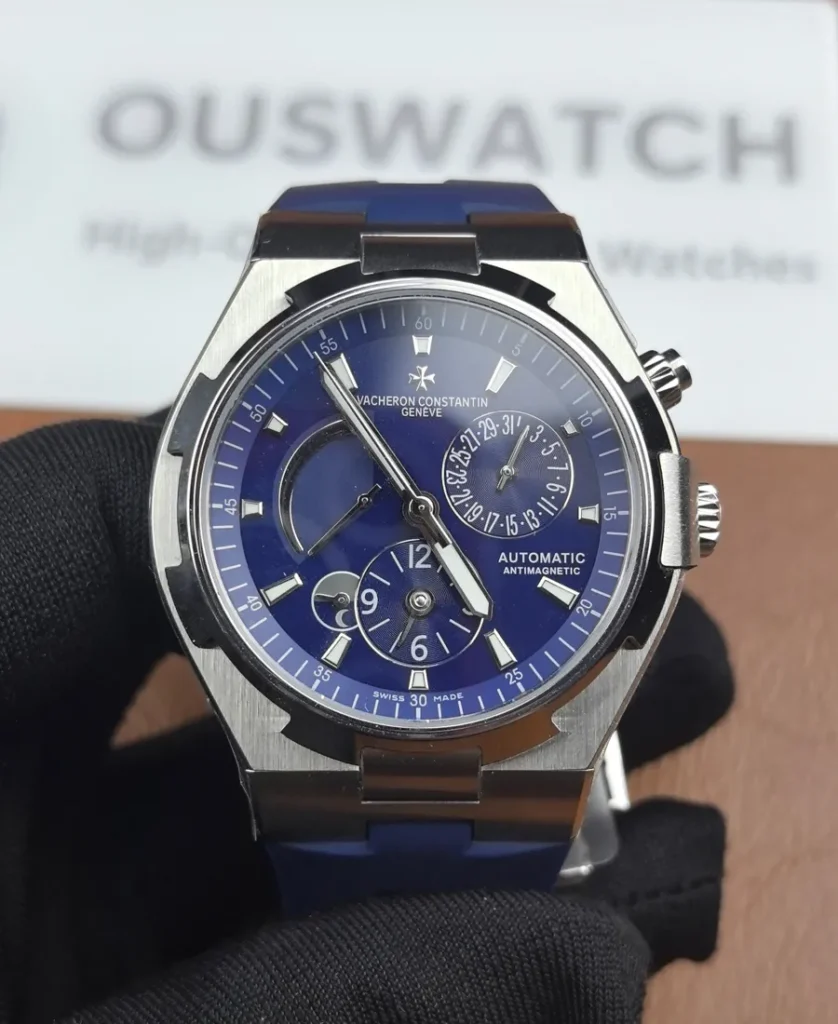 Vacheron Overseas Dual Time 47450/47450/000A-9039 super clone with rich marine-blue dial, studio portrait emphasizing the integrated case and dual-time hands.