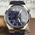 Vacheron Overseas Dual Time 47450/47450/000A-9039 super clone with rich marine-blue dial, studio portrait emphasizing the integrated case and dual-time hands.