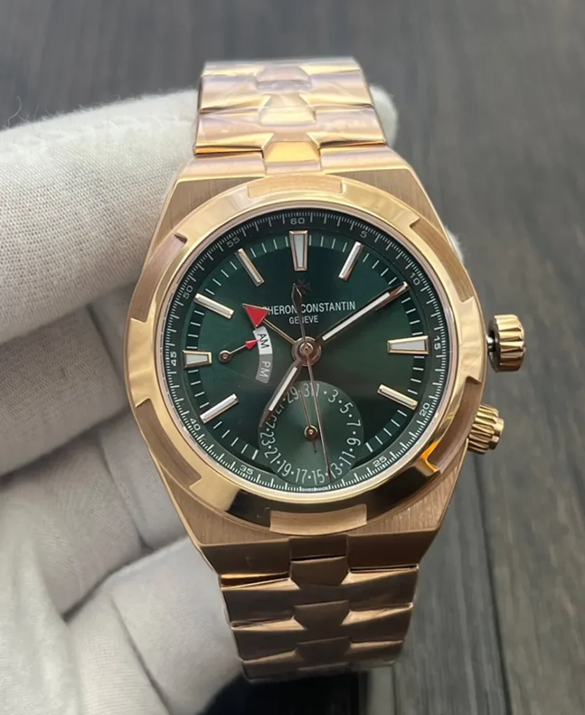 Vacheron Overseas Dual Time 7920V/210R-B965 super clone with vivid green dial, front studio shot.