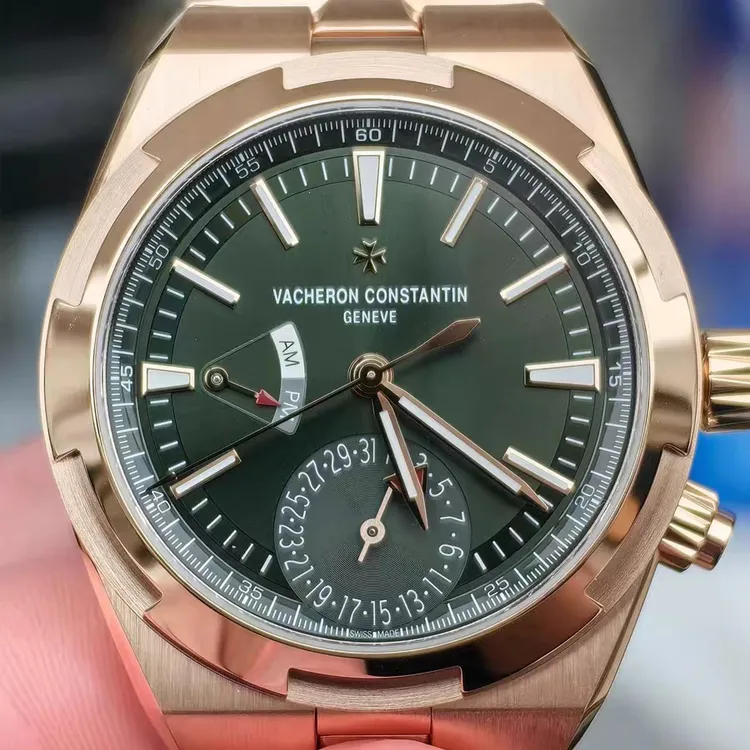 Vacheron Overseas Dual Time 7920V/210R-B965 super clone with vivid green dial, front studio shot.
