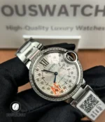 120-degree panoramic view showing the dial, diamond bezel, and bracelet of the Cartier Ballon Bleu 33mm.