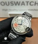 75-degree angled full product shot of the Cartier Ballon Bleu 33mm highlighting case profile and bezel.