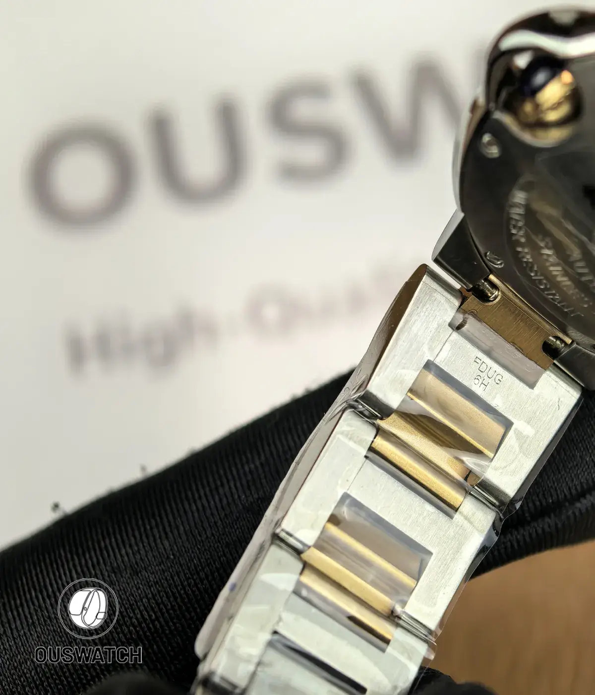 Cartier Iced Out Ballon Bleu 33mm Ladies Watch Two Tone: Inner Strap Engraving Display