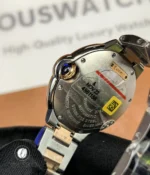 Rear view of the Cartier Iced Out Ballon Bleu 33mm showing the caseback and engravings.