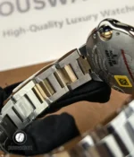 Shot showing the diamond-set bezel paired with the steel and rose gold two-tone bracelet on the Cartier Iced Out Ballon Bleu 33mm.