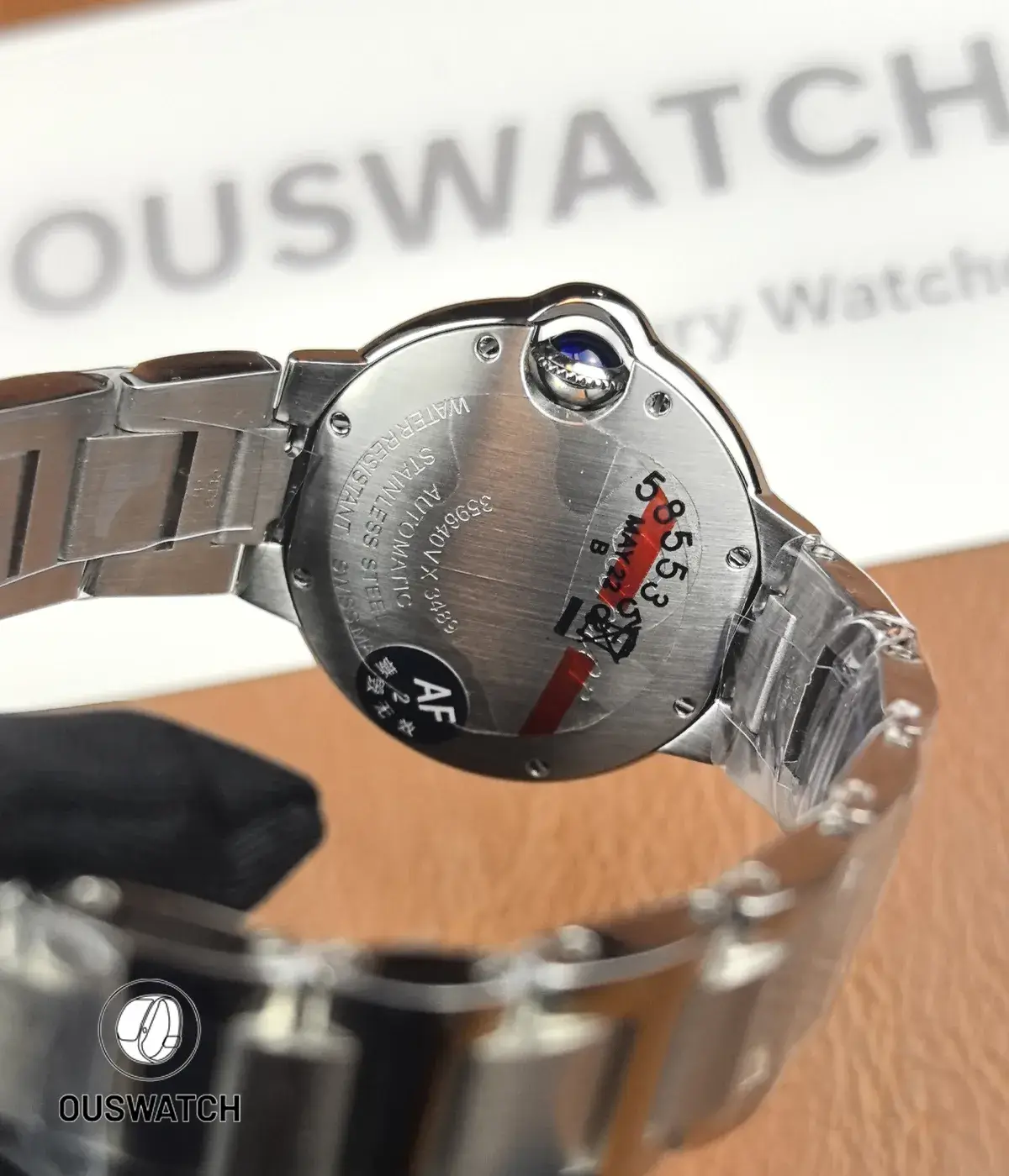 Alternate rear-angle of the Ballon Bleu 33mm caseback focusing on engraving detail and finishing.