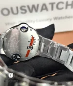 Rear view of the Ballon Bleu 33mm showing the caseback, engravings, and case finish.