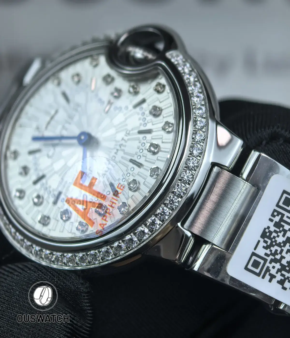 Close-up macro of the diamond-set bezel showcasing cut, setting, and edge detail.