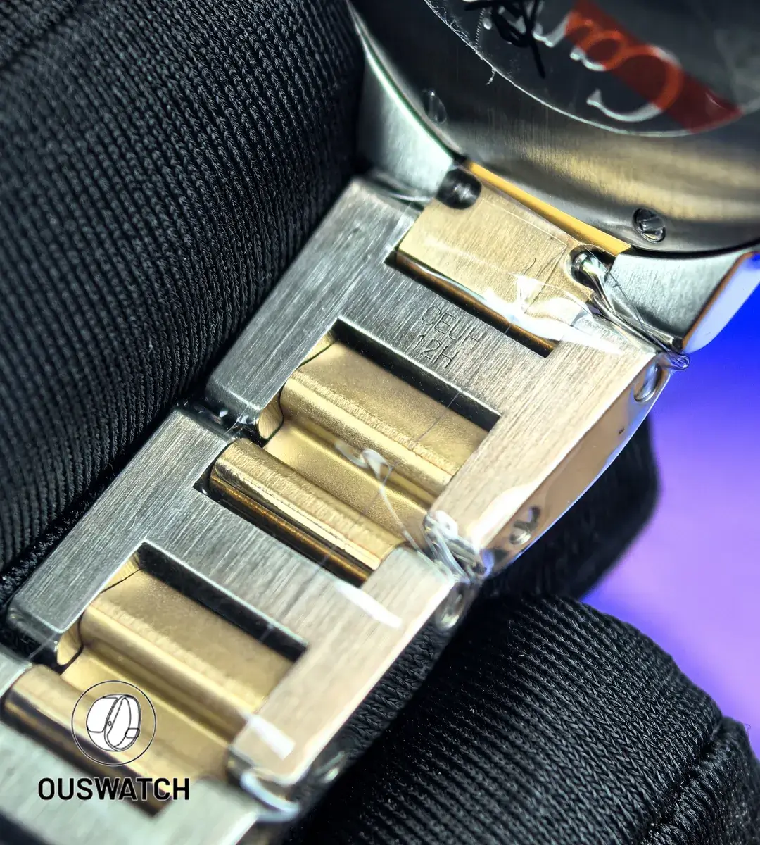 Inner-side view of the two-tone bracelet and clasp on the Ballon Bleu, showing link construction and finish.