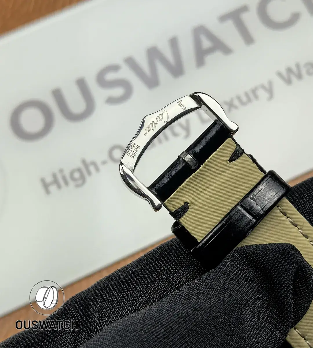 Pin-buckle clasp detail on the black leather strap.