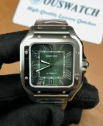 Super Clone Cartier Santos Green Dial WSSA0062 Large Model Watch front view with steel bracelet