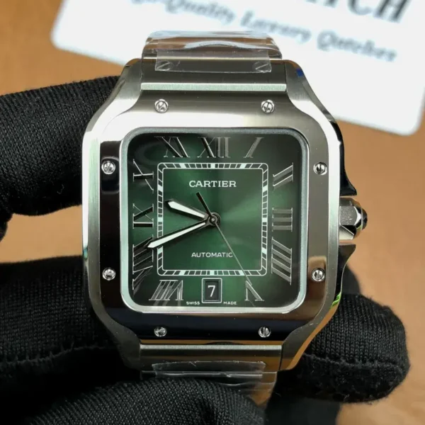 Super Clone Cartier Santos Green Dial WSSA0062 Large Model Watch front view with steel bracelet