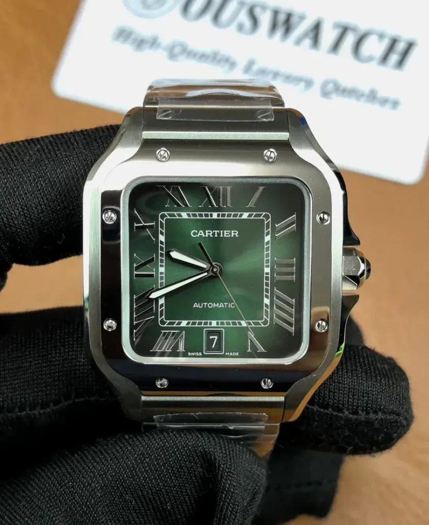 Super Clone Cartier Santos Green Dial WSSA0062 Large Model Watch front view with steel bracelet