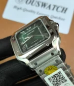 Close-up of the lug and bracelet connection on the Super Clone Cartier Santos Green Dial WSSA0062