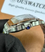 Close-up of the stainless steel case and crown on the Super Clone Cartier Santos Green Dial WSSA0062