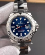 Front view of the Rolex Yacht-Master 40 with blue dial, platinum-tone bezel, and Oyster bracelet.