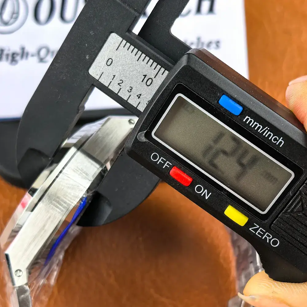 QC image of watch thickness measured with calipers, showing case thickness verification