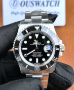 Front view of Rolex Submariner Date 126610LN with black dial, luminous hour markers, and classic dive watch layout
