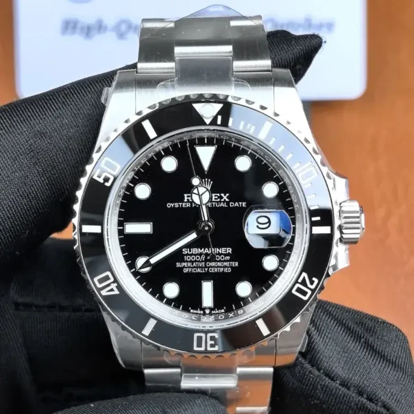 Front view of Rolex Submariner Date 126610LN with black dial, luminous hour markers, and classic dive watch layout