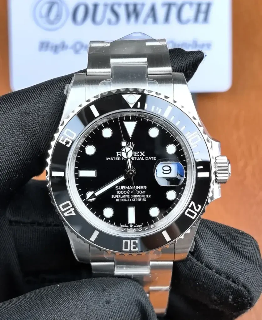 Front view of Rolex Submariner Date 126610LN with black dial, luminous hour markers, and classic dive watch layout