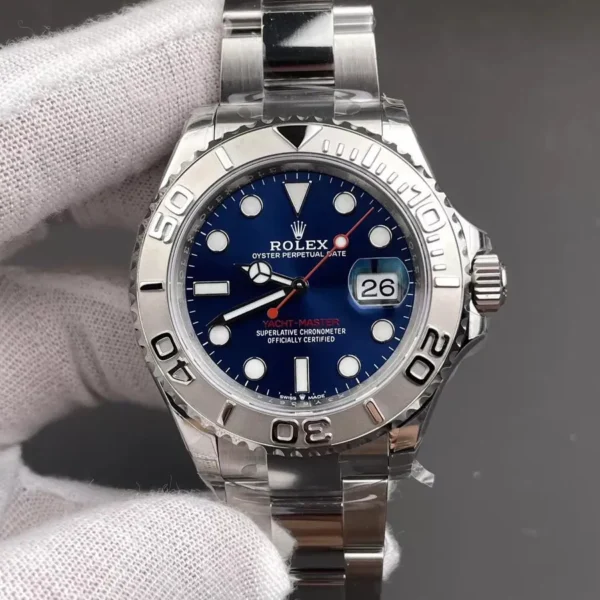 Front view of the Rolex Yacht-Master 40 126622 with blue dial, silver-tone case, and Oyster bracelet.