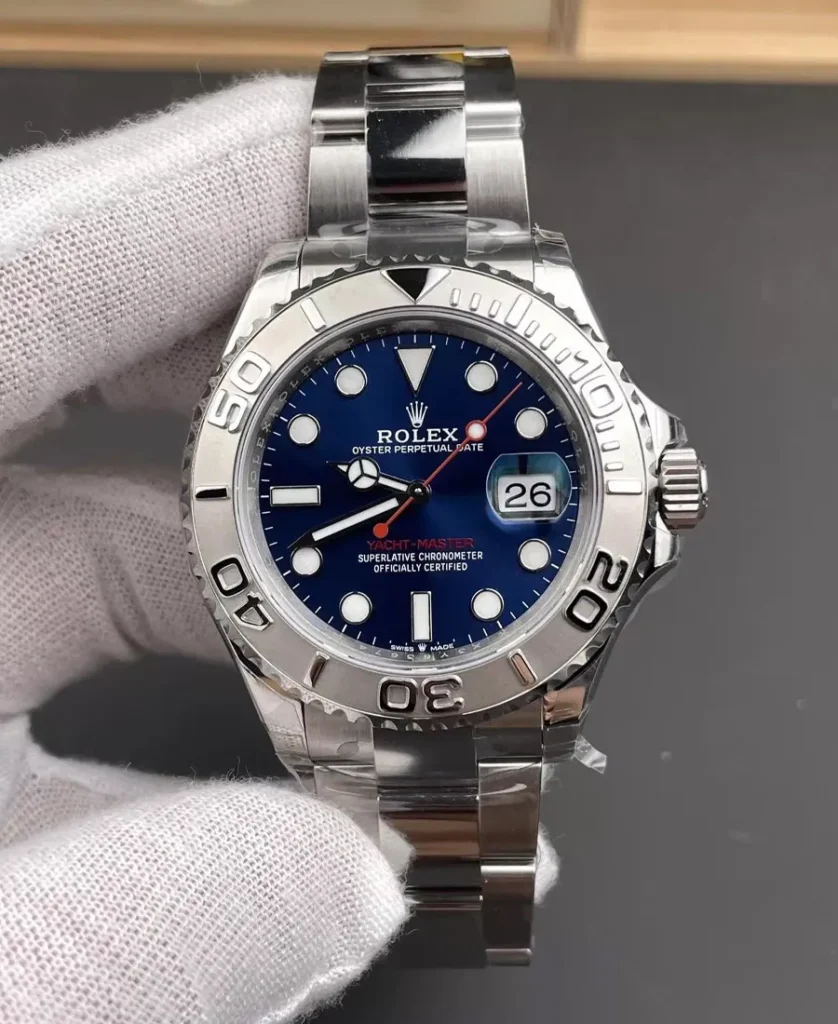 Front view of the Rolex Yacht-Master 40 126622 with blue dial, silver-tone case, and Oyster bracelet.