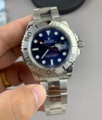 Angled view of the Rolex Yacht-Master 40 126622 showing the silver-tone case and blue dial.