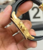 Angled view of the yellow-gold tone case on the Rolex Yacht-Master 42 226658 super clone, showing the curved lugs and polished surfaces.