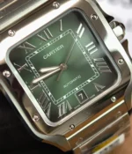 Close-up of the green dial on the Cartier super clone Santos Green Dial WSSA0062