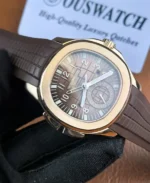 Three-quarter angled presentation of the Aquanaut 5164, offering a complete look at the dial, case thickness, bezel form, and integrated strap flow.
