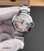 85-degree angle display of the super clone Cartier Ballon Bleu ladies’ watch WSBB0044, emphasizing the rounded bezel and smooth polished case lines.
