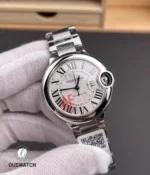 120-degree angle view of the super clone Cartier Ballon Bleu WSBB0044 33mm, highlighting the curved case profile and integrated stainless steel bracelet.