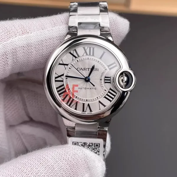 Super clone Cartier Ballon Bleu WSBB0044 33mm women’s stainless steel watch, featuring a polished round case, silver dial, and signature blue cabochon crown.