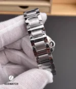 Bracelet close-up of the super clone Cartier Ballon Bleu WSBB0044, showing tight stainless steel link finishing and a refined, jewelry-like shine.