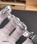 Open deployant clasp view of the super clone Cartier Ballon Bleu WSBB0044, highlighting secure locking structure and smooth stainless steel clasp craftsmanship.