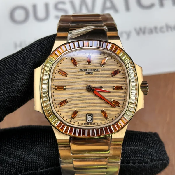 Front view of a rose gold ladies luxury sports watch with diamond-set bezel and embossed dial.