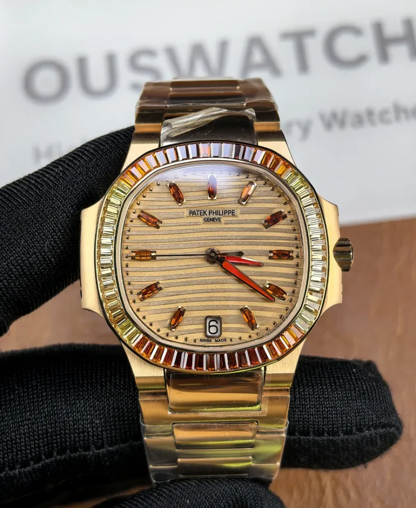 Front view of a rose gold ladies luxury sports watch with diamond-set bezel and embossed dial.