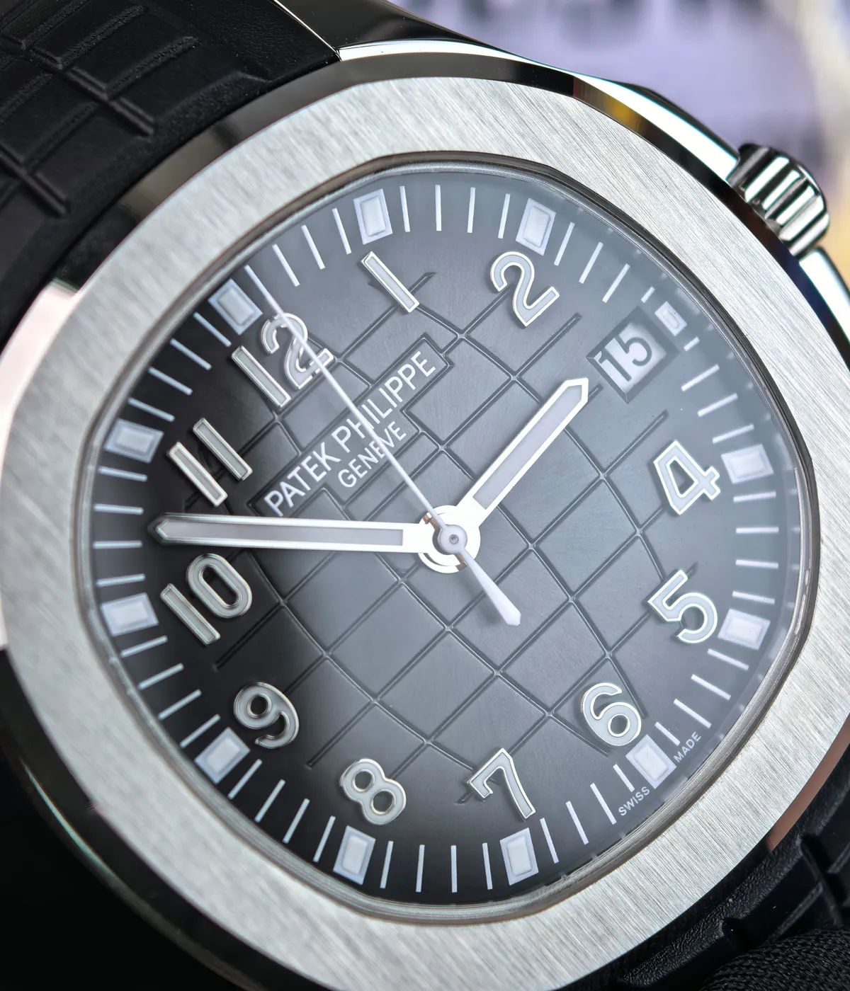 Front close-up of the black dial on a Patek 5167A watch