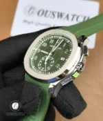 Detailed look at the case construction of the green-dial Patek 5968G, revealing crisp edges, luxurious finishing, and elegant proportions.
