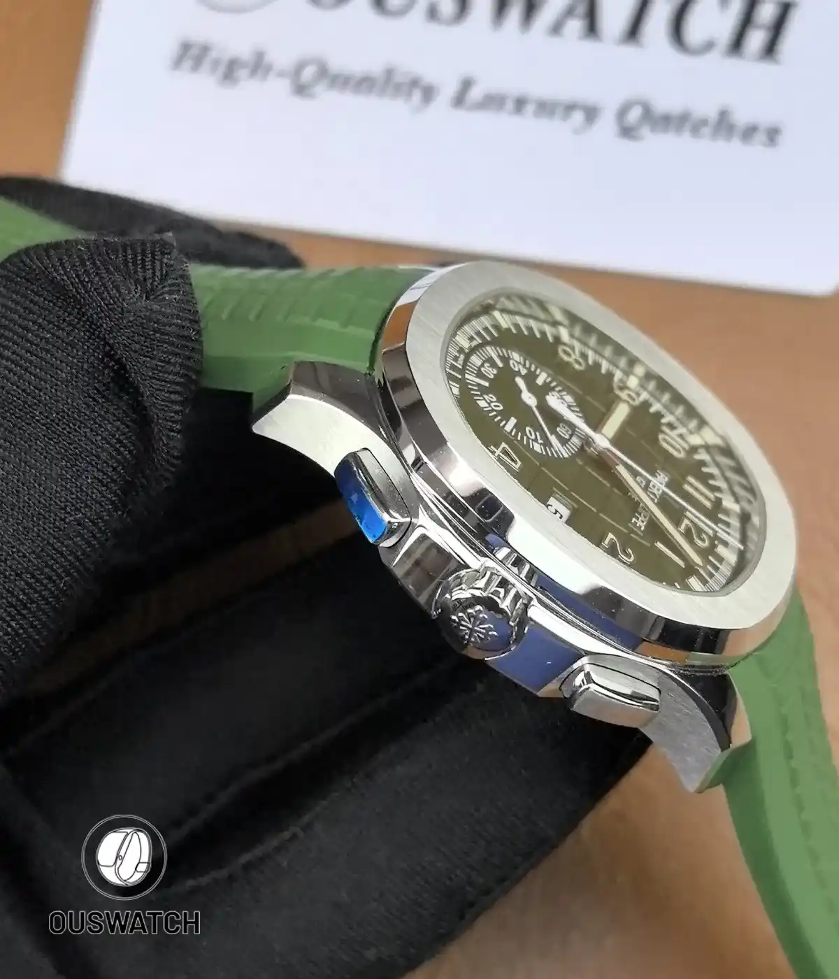 Side close-up of the watch case and crown on the Patek 5968G super clone, showcasing the finishing, crown guards, and sporty profile.