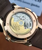 Rear close-up of the Aquanaut 5164 displaying the movement through the transparent caseback, with attention to the rotor and mechanical finishing.